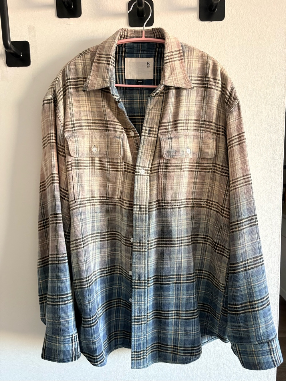 R13 Gradient Bleached Blue Plaid Button-Up Shirt